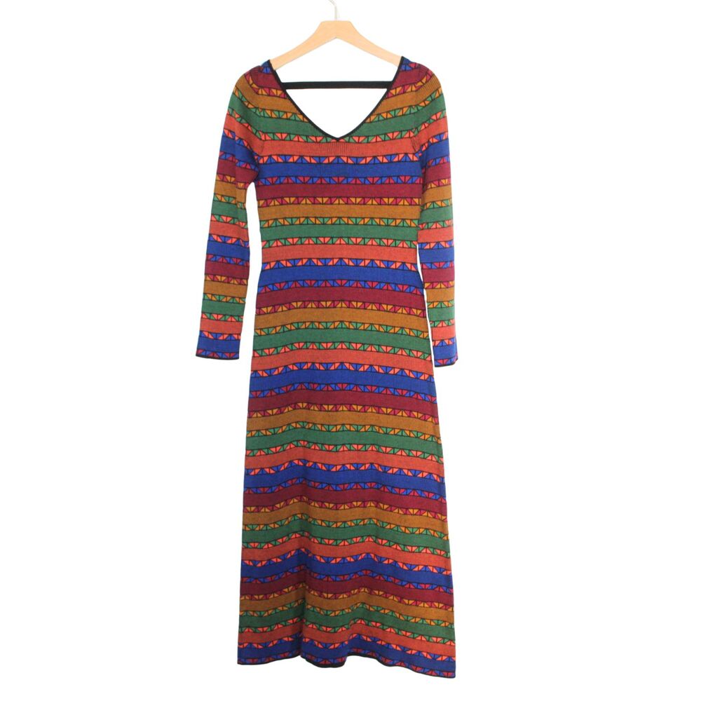 Peruvian Connection women's maxi dress size S colorful geometric knit vneck boho